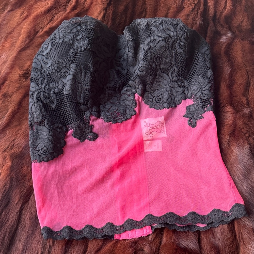 Jacalyn Bennett Lace Bustier Pink & Black Strapless Corset Top S